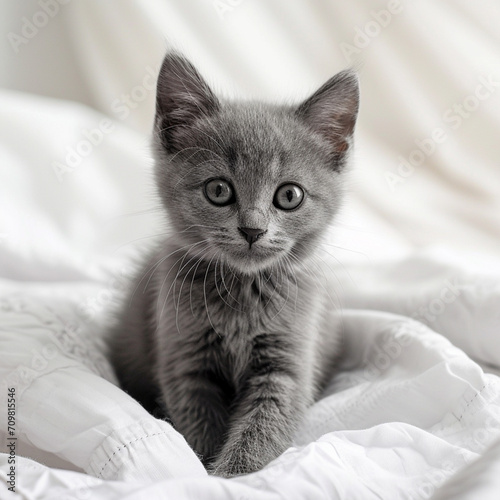 Lovely grey kitten sit on white cover, ai technology