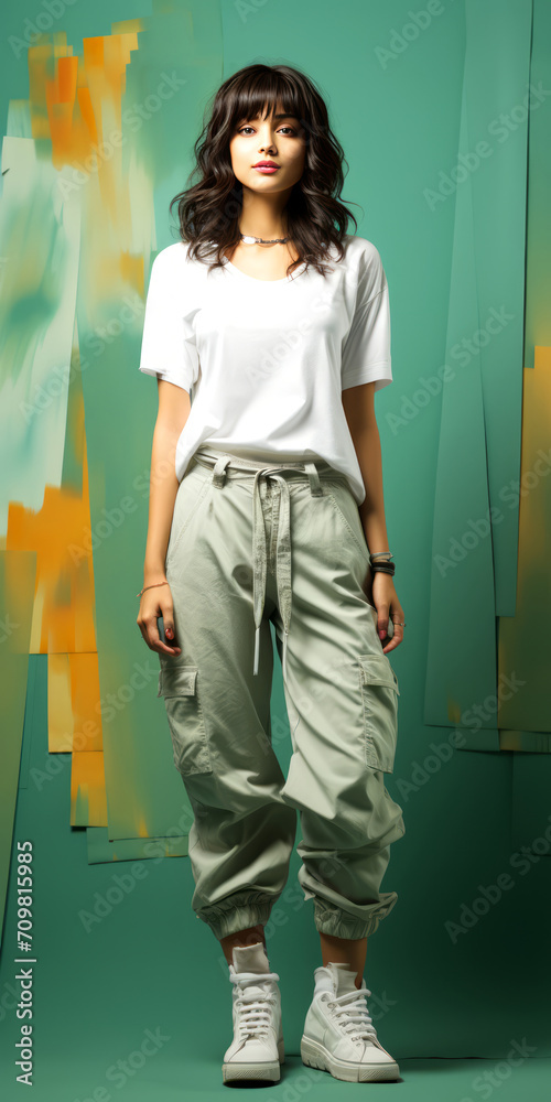 Fashion portrait of young beautiful brunette woman in white t-shirt and trousers.