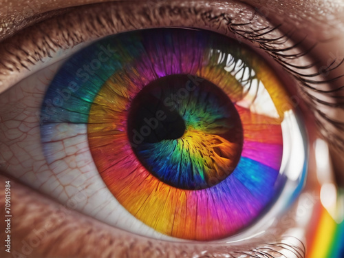 Rainbow lines after a flash scatter out of a bright binary circle and forming volumetric a human eye iris and pupil. 3d rendering background - generated by ai