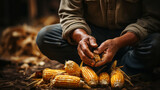 A man inspects a corn field and looks for pests. Successful farmer and agro business