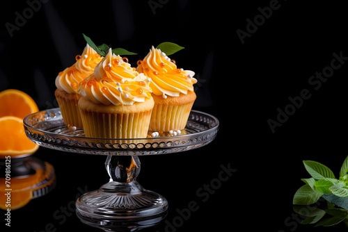 Presentation of orange cupcakes with cream and mint leaf on black background 