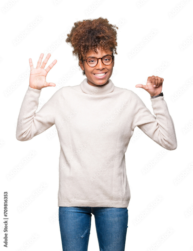 Beautiful young african american woman wearing glasses over isolated background showing and pointing up with fingers number six while smiling confident and happy.