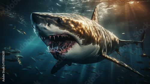 Ocean shark bottom view from below. Open toothy dangerous mouth with many teeth. Underwater blue sea waves clear water shark swims forward © alexkich