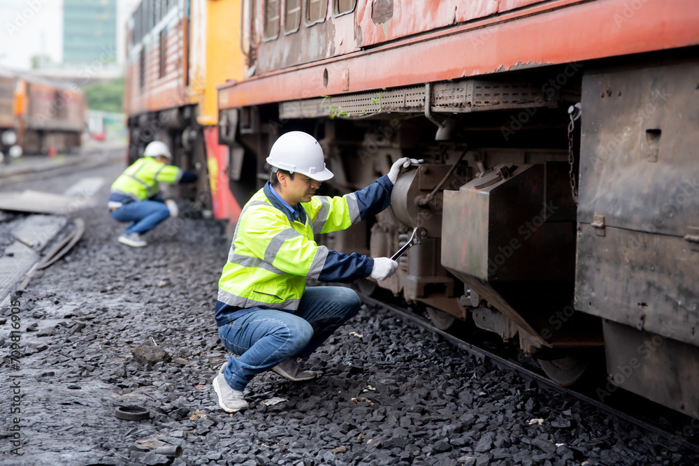Young caucasian engineer man maintenance and repair train diesel engine in station, team engineer inspect system transport, technician checking infrastructure, transportation and industry. Young caucasian engineer man maintenance and repair train diesel engine in station, team engineer inspect system transport, technician checking infrastructure, transportation and industry.