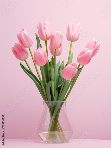Pink tulips on pink background, perfect for Mother's Day or wedding invitation. AI Generative. © Alisa