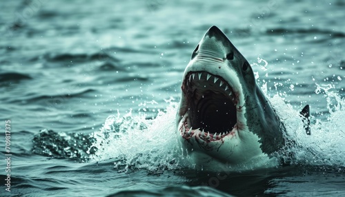 Fearsome Shark Emerges from the Ocean Depths, Displaying Its Powerful Jaws and Sharp Teeth Amidst the Turbulent Waves, A Glimpse into the Thrilling and Mysterious Underwater World
