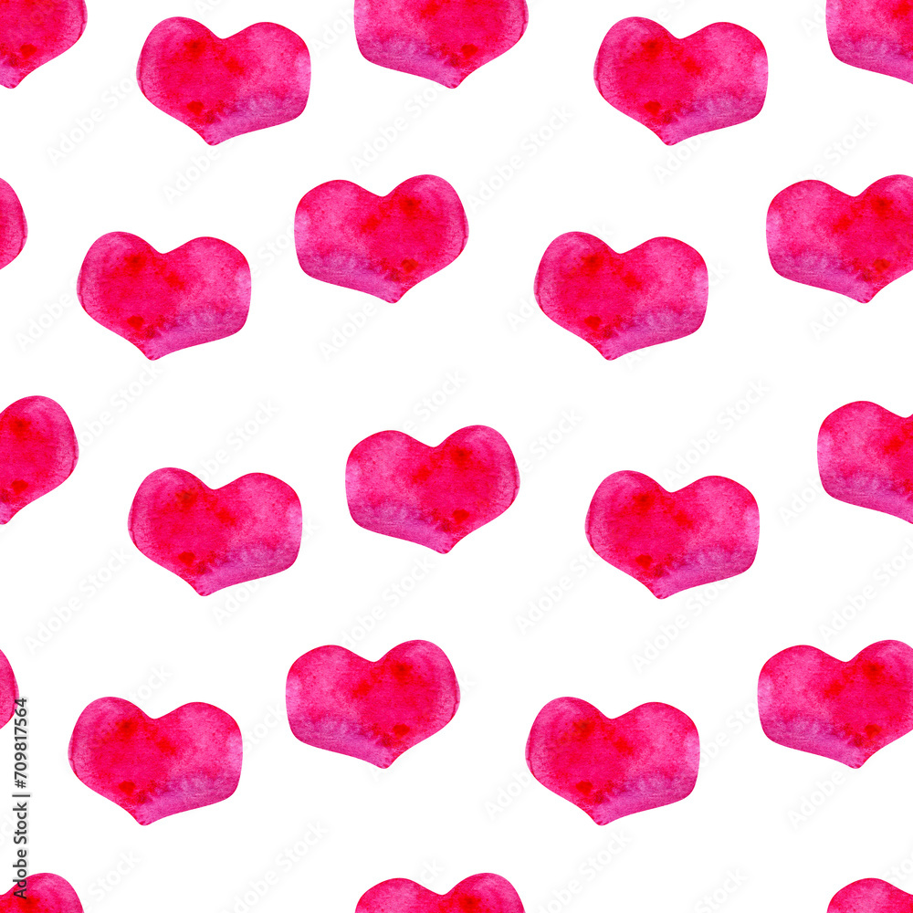 Seamless pattern with watercolor pink hearts with purple spots. Watercolor and colored pencil texture pattern in purple shades. Minimalistic Valentine's Day pattern for wrapping paper or keepsake prin