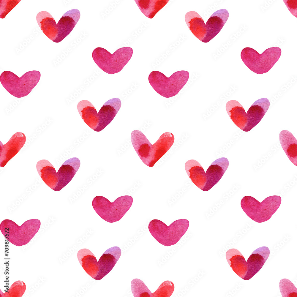 Seamless pattern with watercolor pink hearts with purple and red spots. Watercolor and colored pencil texture pattern in purple shades. Minimalistic Valentine's Day pattern for wrapping paper or keeps