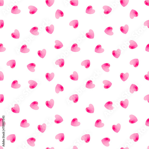 Seamless pattern with watercolor small hearts in pink tones. Watercolor and colored pencil texture pattern in purple shades. Minimalistic Valentine's Day pattern for wrapping paper or keepsake printin photo