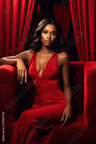 Beautiful dark skin woman in red dress in red room © Volodymyr