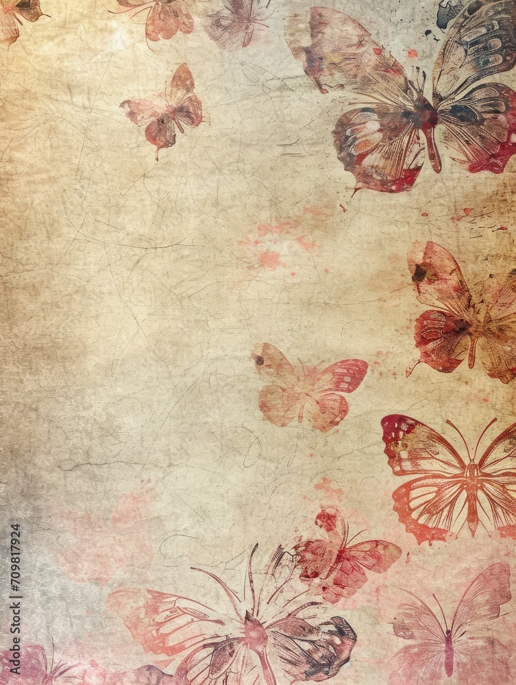 Handmade Paper Texture Seamlessly Blending Vintage Tones, Butterfly Motifs, and a Touch of Grandma's Wallpaper Style, Emanating the Charm of Stamperia-Inspired Artistry.