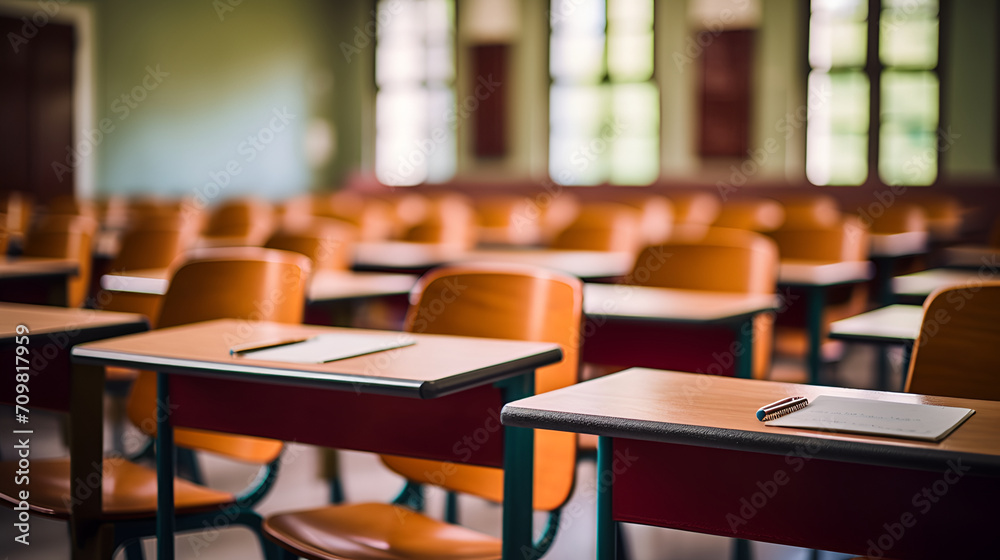 Empty defocused university classroom. Blurred school classroom without students with empty chairs and tables. Generated AI Empty defocused university classroom. Blurred school classroom without students with empty chairs and tables. Generated AI