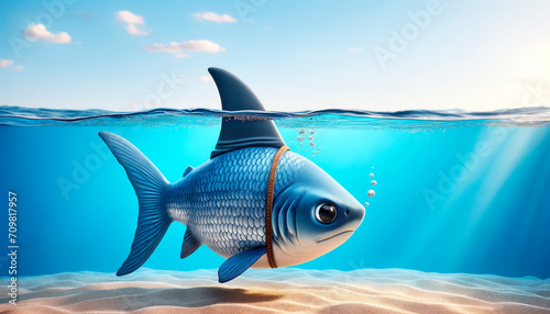 Animated fish with shark fin swimming near ocean surface, small business concept. Generative AI photo