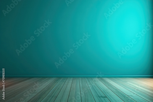 Blue turquoise empty wall and wooden floor with interesting with glare from the window.