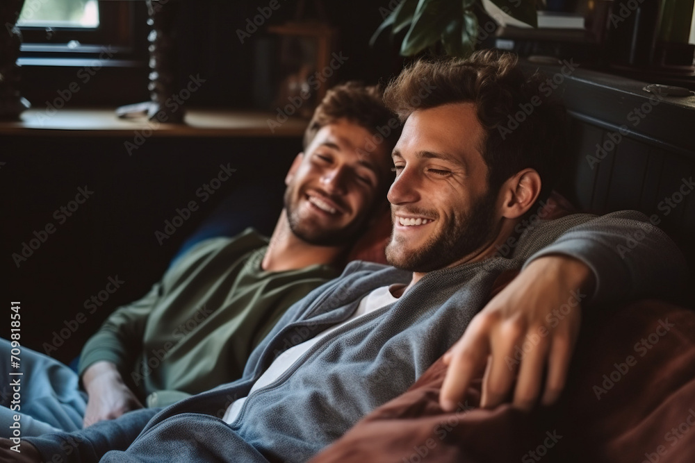 Carefree young gay couple relaxing on a couch