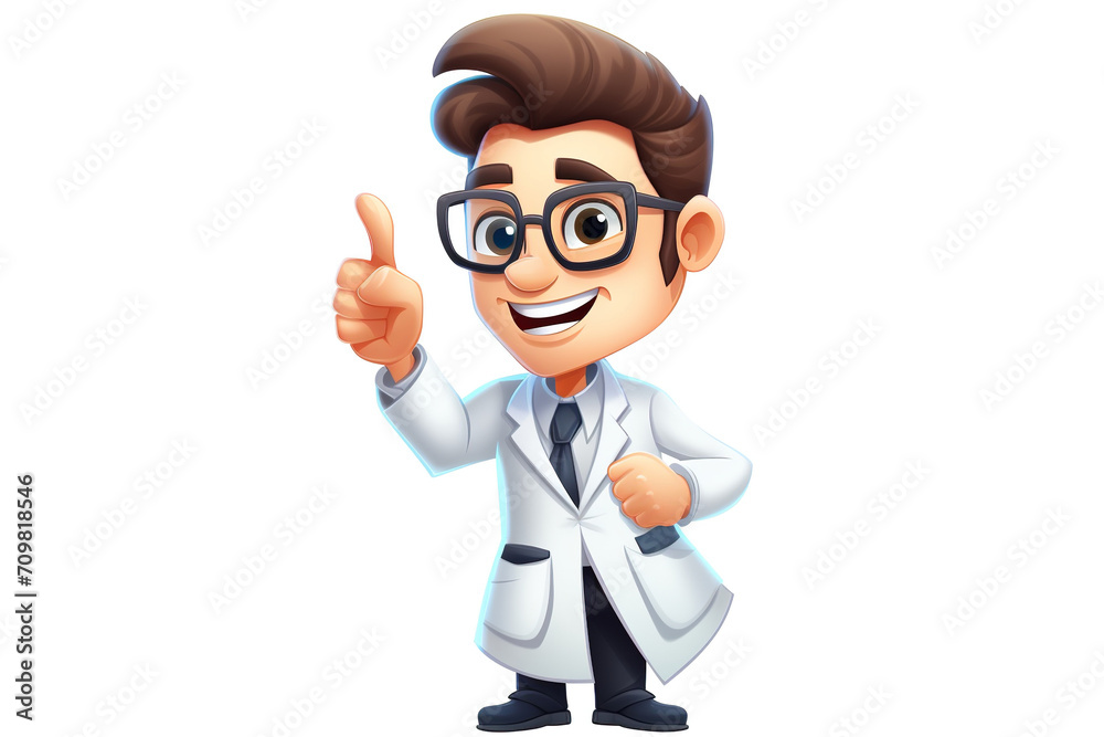 Cartoon Caucasian man doctor wears glasses tie and white coat. Finger pointing up. White background