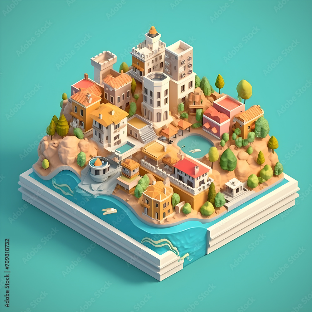 Cute isometric floating city 3D render