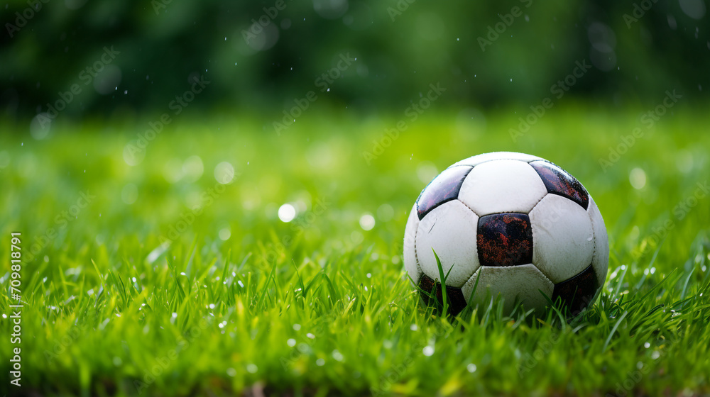 Fototapeta premium a soccer ball sits on the green grass and there is a white line created with Generative Ai