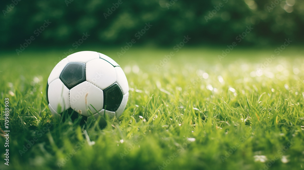 Fototapeta premium a soccer ball sits on the green grass and there is a white line created with Generative Ai