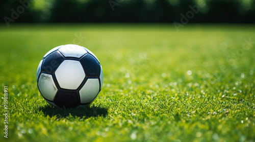 a soccer ball sits on the green grass and there is a white line created with Generative Ai