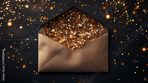 Christmas letter envelope with blank paper card, gift box on dark background. Flat lay, top view. Letter to Santa Claus concept. photo
