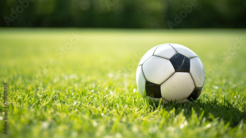 a soccer ball sits on the green grass and there is a white line created with Generative Ai