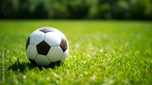 a soccer ball sits on the green grass and there is a white line created with Generative Ai © Andrii Yablonskyi