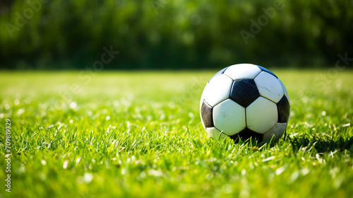 a soccer ball sits on the green grass and there is a white line created with Generative Ai © Andrii Yablonskyi