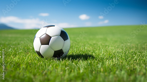 a soccer ball sits on the green grass and there is a white line created with Generative Ai