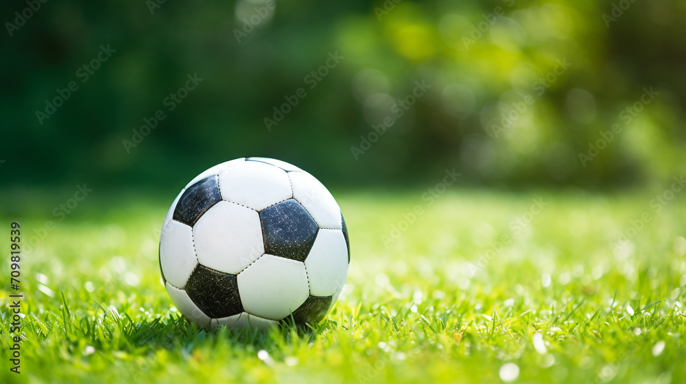 Fototapeta premium a soccer ball sits on the green grass and there is a white line created with Generative Ai