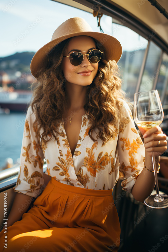 Young Girl on yacht sea cruise vacation enjoying wine