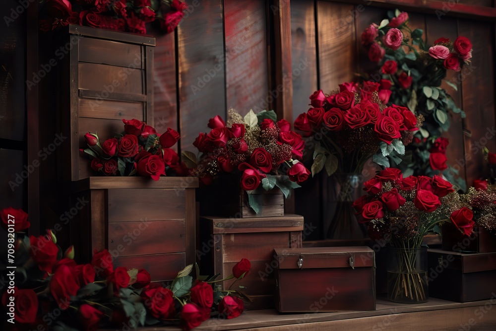 valentine's day romantic rose wall with wooden wooden boxes and flowers