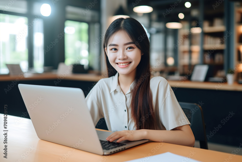Happy Asian girl student using laptop computer in university library sitting at desk Happy Asian girl student using laptop computer in university library sitting at desk
