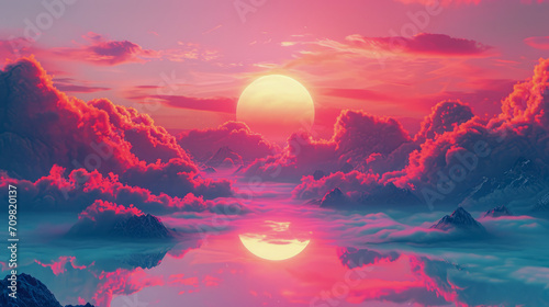 Fantasy view of the sun, clouds, sky, water, colors, red tones