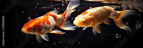 Two golden koi below the water, perfect light, octane rendering, real photo, crystal clear water,