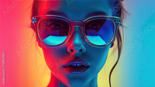 Woman Wearing Sunglasses With Neon Background