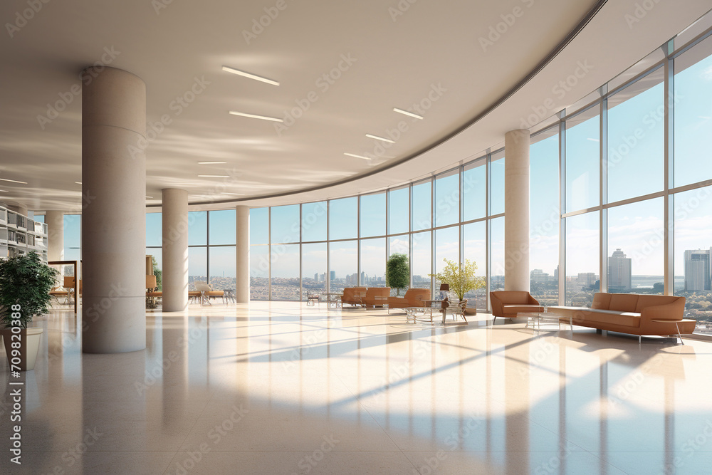 Naklejka premium A modern spacious office hall with panoramic windows and a perspective in natural beige, brown tones
