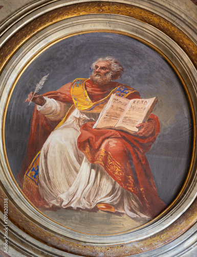 ROME, ITALY - AUGUST 29, 2021: The fresco of St.  Athanasius on the ceiling in the church Chiesa id  san Giuseppe alla Lungara by Vincenzo Paliotti (1859).