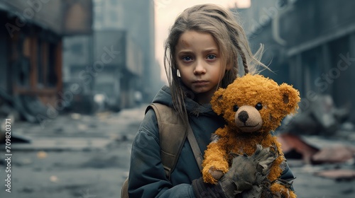 Ultra realistic , urban, air polluted, city street , girl with an oxygen mask. She is holding a withered yellow flower in her one hand and a torn, shabby teddy bear on the other hand