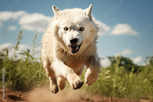 A white wolf jumping over the camera  high speed chase on the grassy plains