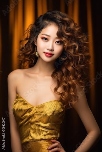 Beautiful Chinese young woman with curly hair in golden dress