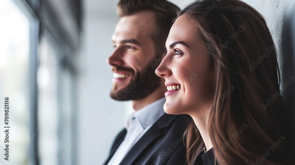 Businesspeople in formal attire, looking off to one side, seem happy. Businesspeople in formal attire, looking off to one side, seem happy.