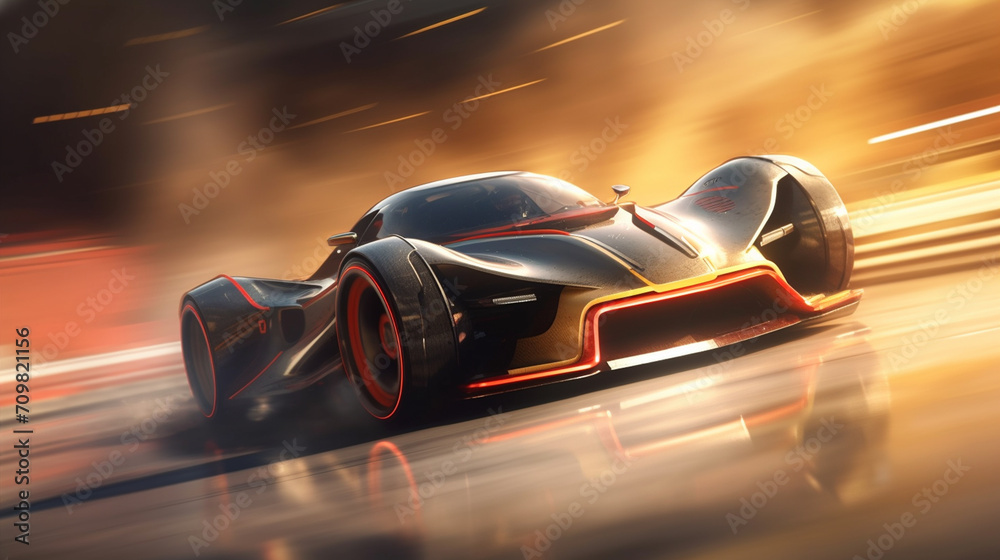 Naklejka premium fast moving car on highway wallpaper Highway . Powerful acceleration of a supercar illustration . Closeup poster 