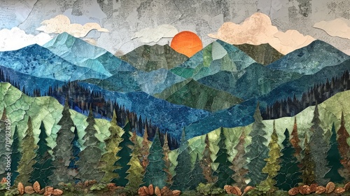 Generative AI, Green forest landscape with mountains in torn paper style