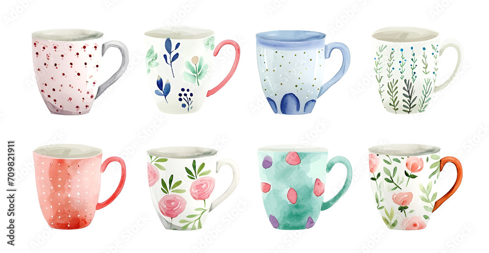 Set of cute mugs with drawings. Watercolor illustration