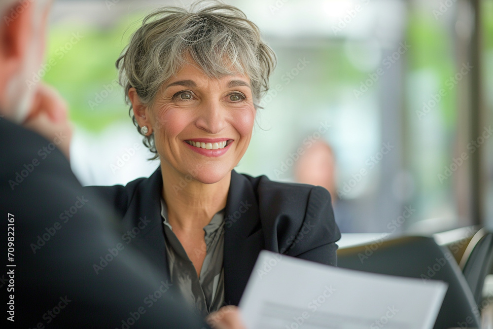 Confident Mature Businesswoman in Corporate Setting Engaging in Professional Consultation, Holding CV with a Pleasant Demeanor, Legal Advisor at Work, Employment Expert Discussing Career Opportunities Confident Mature Businesswoman in Corporate Setting Engaging in Professional Consultation, Holding CV with a Pleasant Demeanor, Legal Advisor at Work, Employment Expert Discussing Career Opportunities