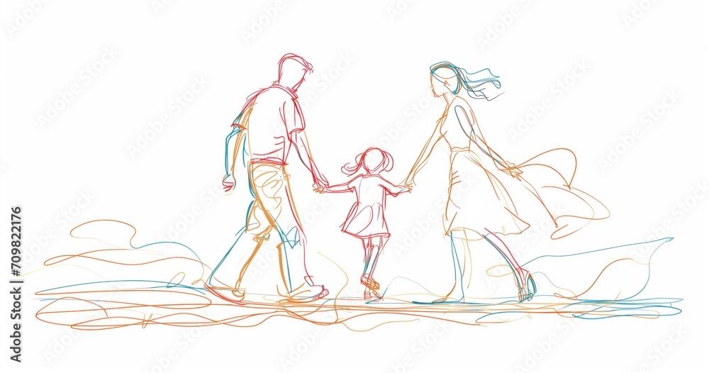 Minimalistic sketch like line art draw of family walking together Minimalistic sketch like line art draw of family walking together