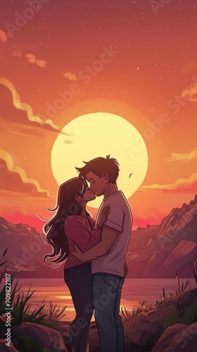 couple kissing on sunset