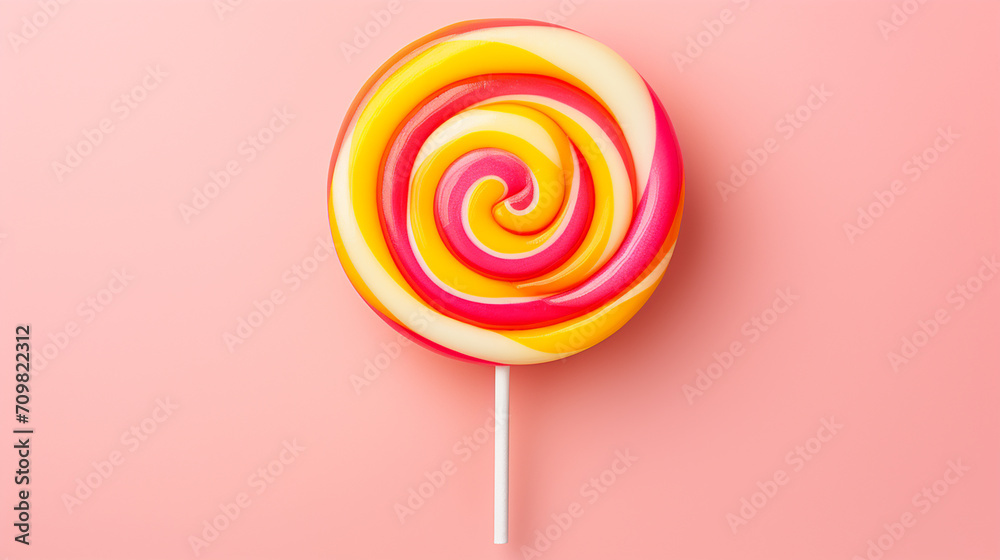 pink orange and yellow sweet candy lolipop on pink background