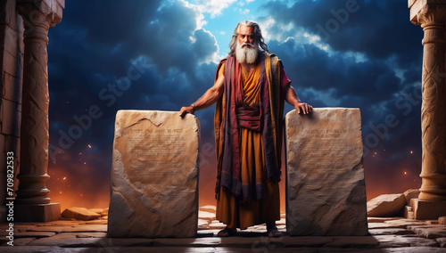 Moses shows the stone tablets with the Ten Commandments on them photo